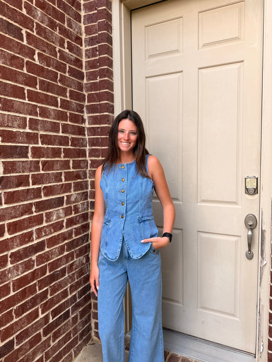 Demin Wide Leg Pants and Vest Set